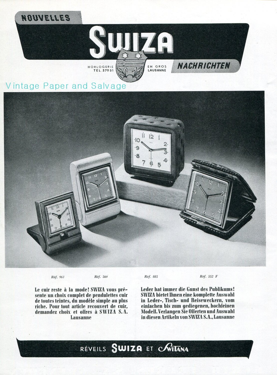Vintage 1945 Reveils Swiza et Switana CH Clock Co Swiss Print Ad Advert Publicite Suisse Schweiz