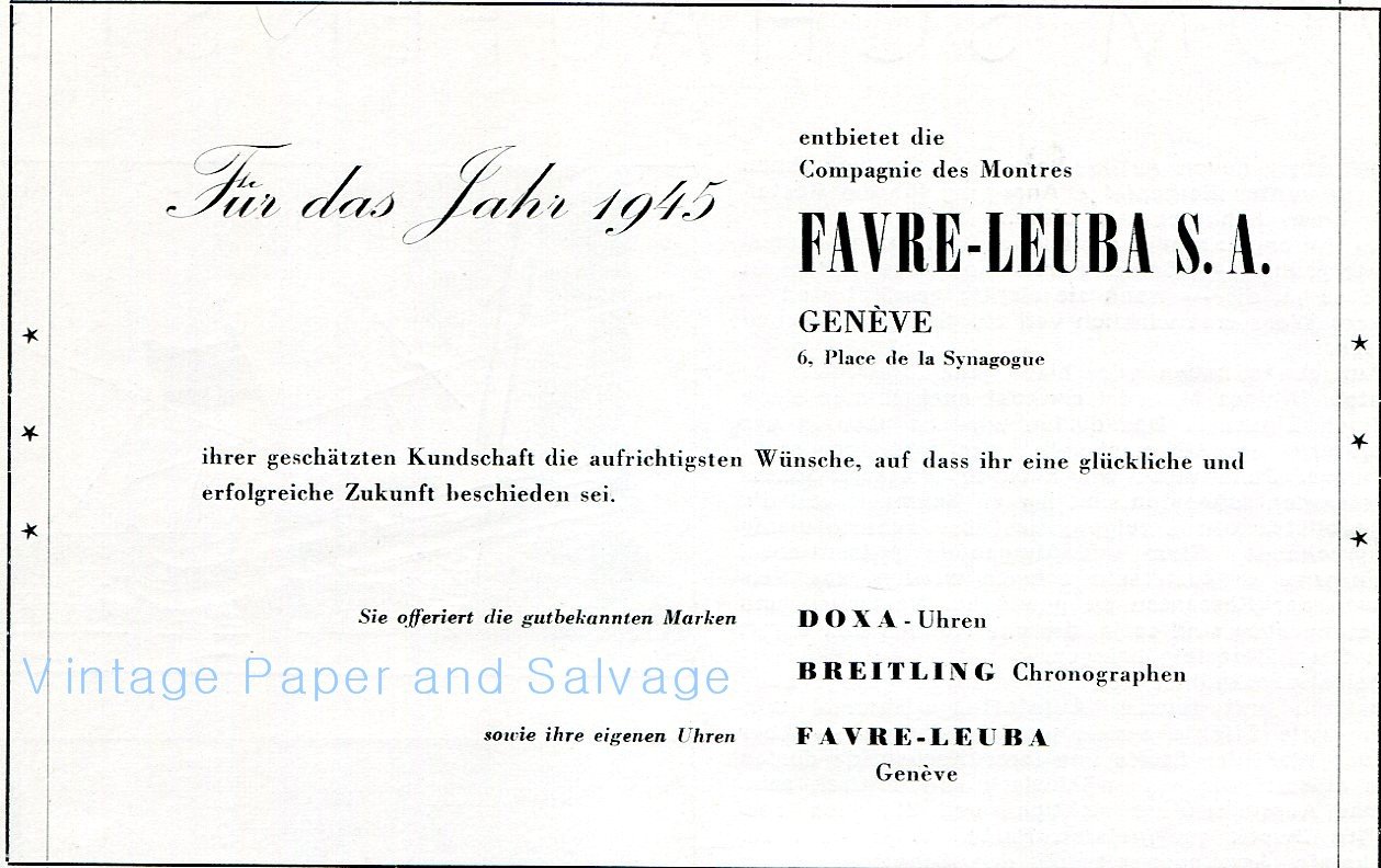 1945 Favre-Leuba CH Doxa Breitling 1940s Swiss Advert Publicite Suisse Montres Schweiz