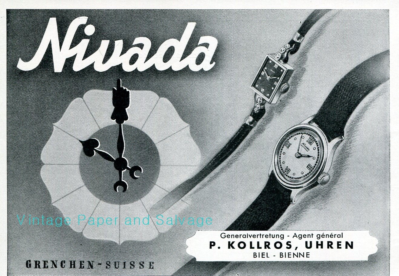 Vintage 1945 Nivada CH Watch Co Grenchen Switzerland Swiss Advert Publicite Suisse Montres Schweiz