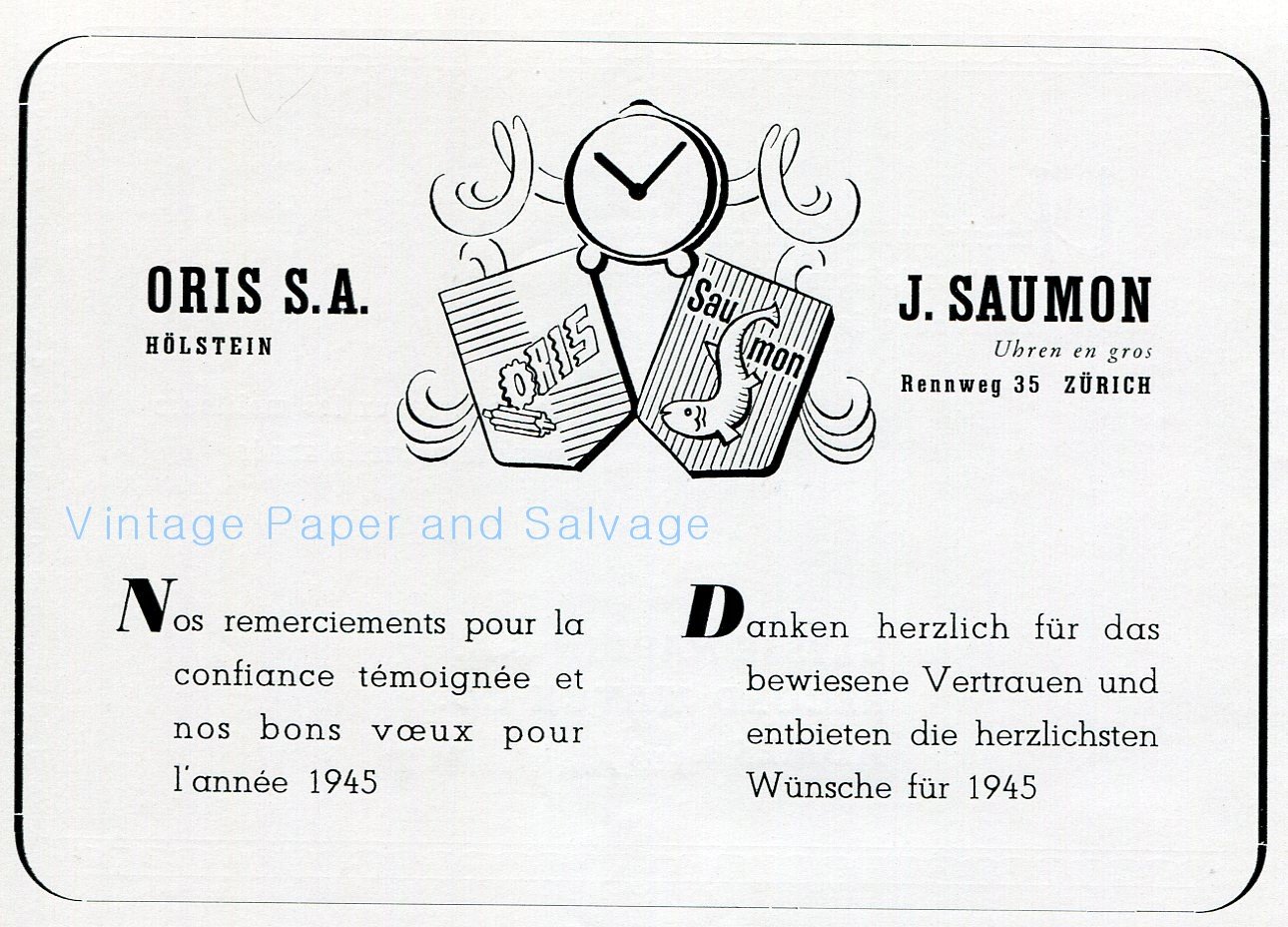 Vintage 1945 Oris CH SA Watch Co Switzerland 1940s Swiss Advert Publicite Suisse Montres