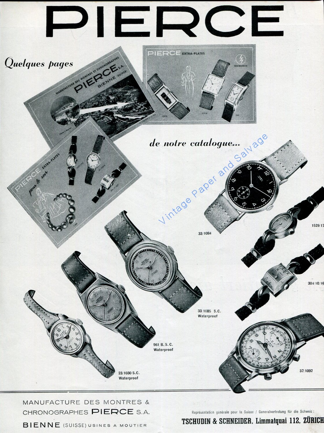 Vintage 1945 Pierce CH Watch Company Original 1940s Swiss Advert Publicite Suisse Montres