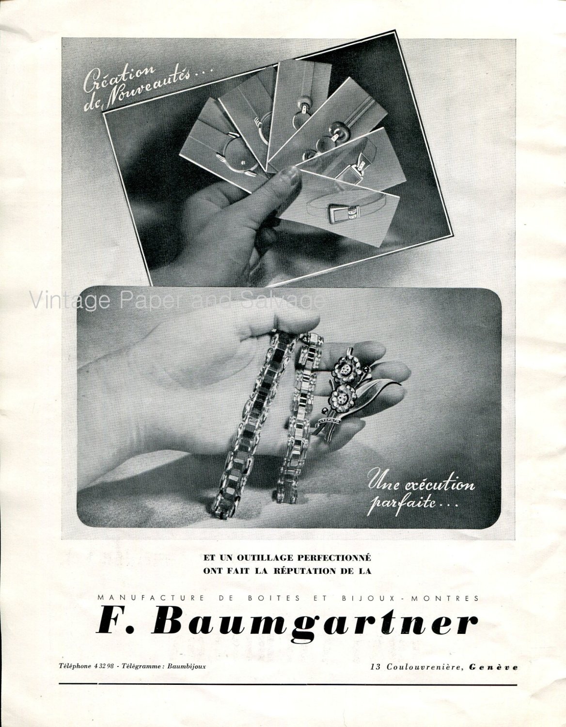 Vintage 1942 F Baumgartner Manufacture de Boites Bijoux Montres Swiss Ad Advert Suisse Horlogerie CH