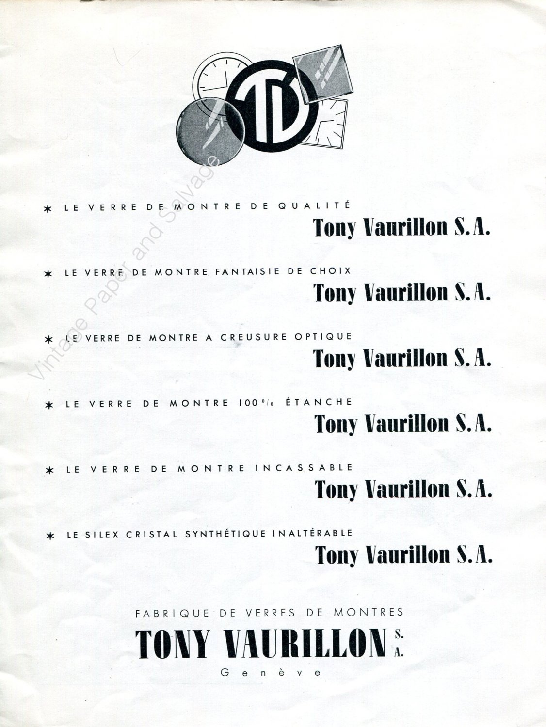Vintage 1942 Tony Vaurillon S.A. Le Verre de Montre Swiss Advert Publicite Suisse CH Schweiz
