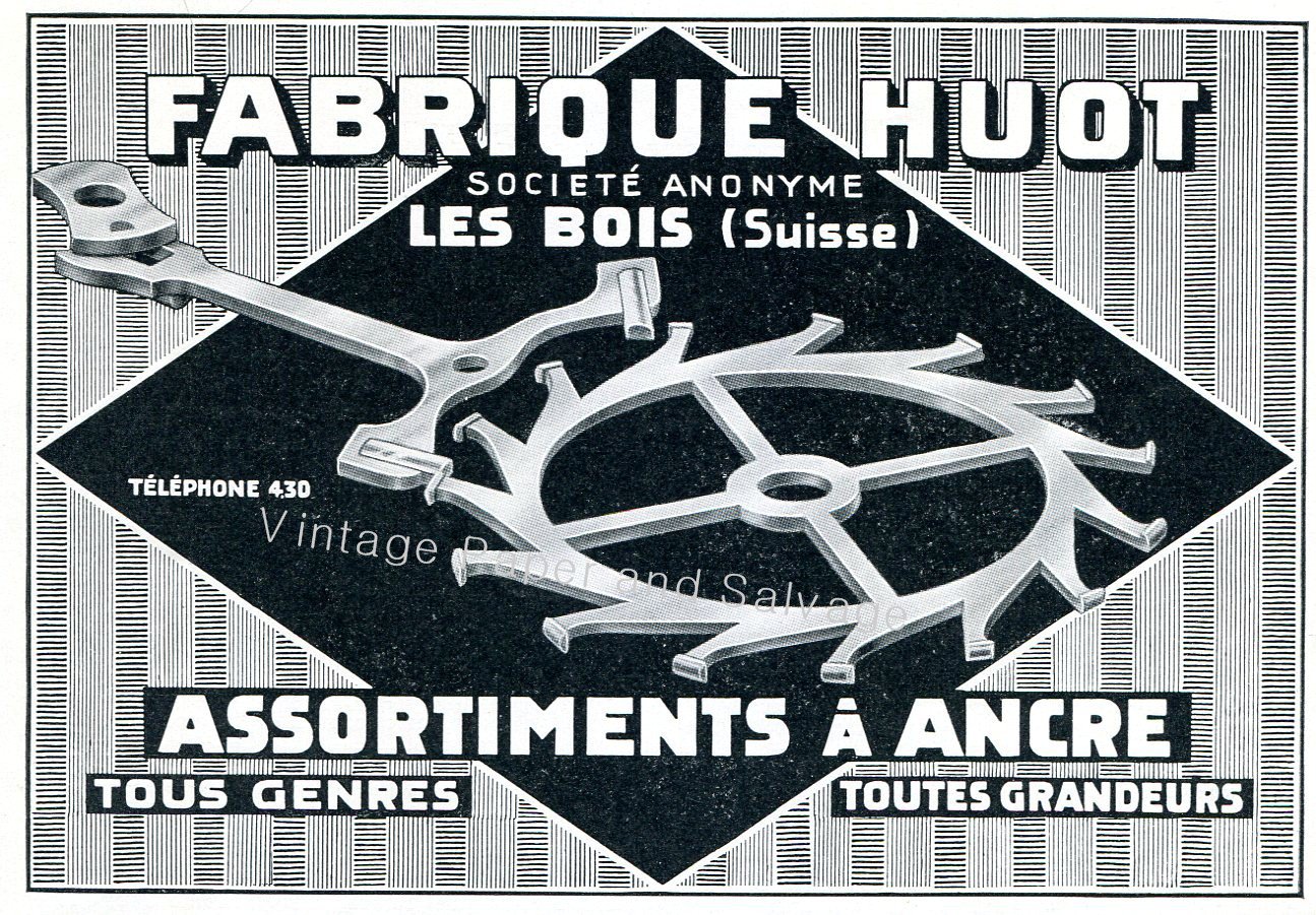 Vintage 1942 Fabrique Huot SA Assortiments a Ancre Swiss Advert Publicite Suisse CH