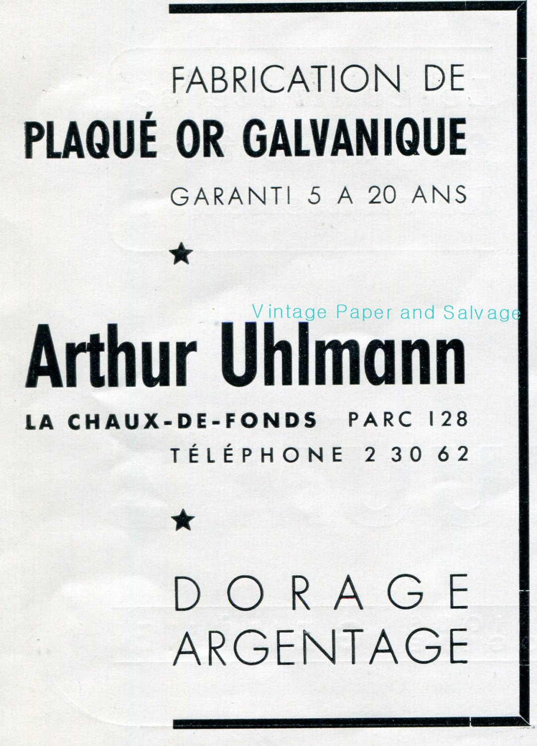 Vintage 1942 Arthur Uhlmann CH Fabrication de Plaque Or Galvanique Swiss Advert Publicite Suisse