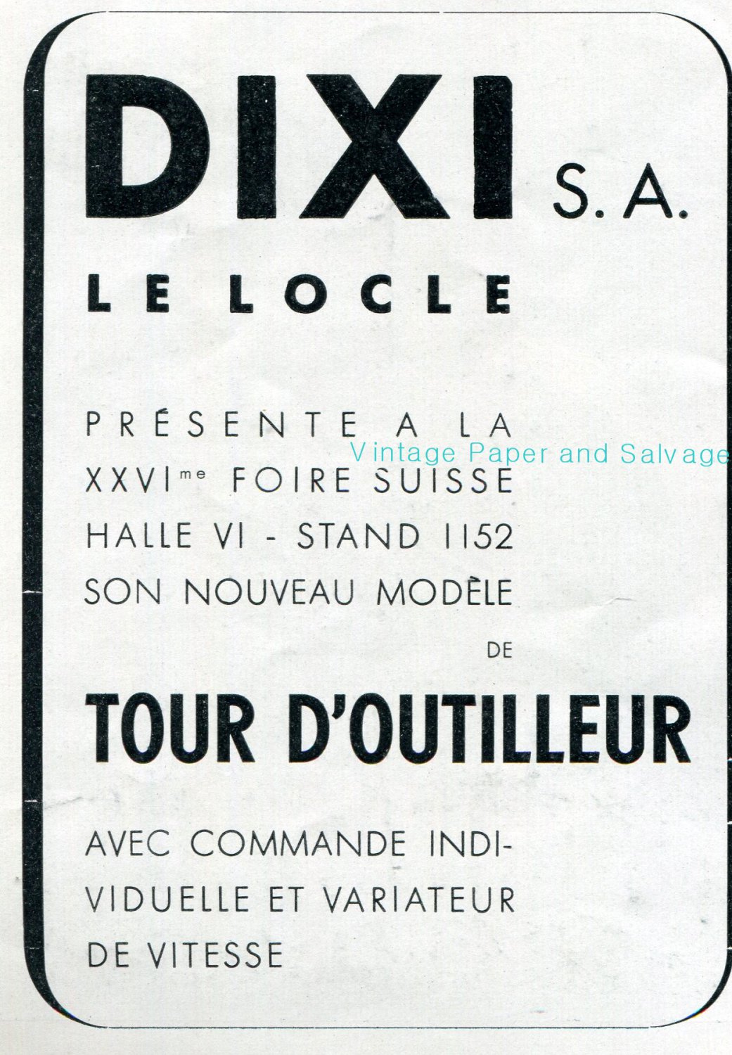 Vintage 1942 Dixi CH D'Outilleur Horlogerie Swiss Advert Publicite Suisse Schweiz Switzerland