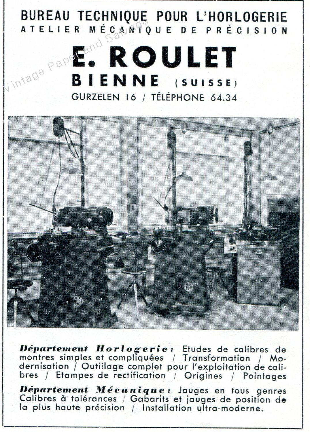 Vintage 1942 E Roulet Bureau Technique Pour L'Horlogerie Swiss Advert Publicite Suisse Horlogerie CH