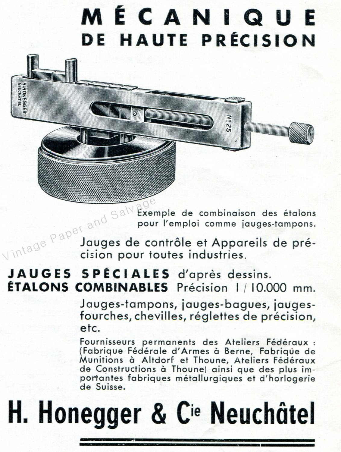 Vintage 1942 H Honegger & Cie Neuchatel CH Switzerland Swiss Advert Publicite Suisse Schweiz