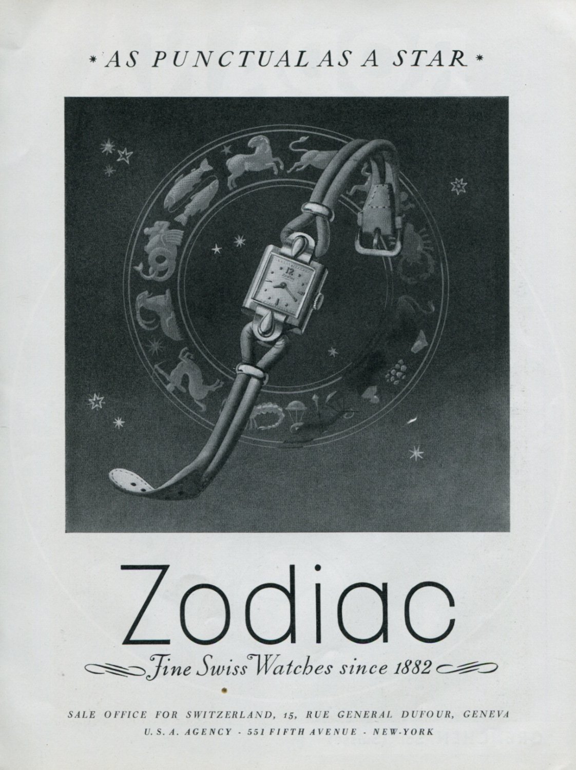Vintage 1948 Zodiac Watch Co As Punctual As a Star Swiss Advert Publicite Suisse CH
