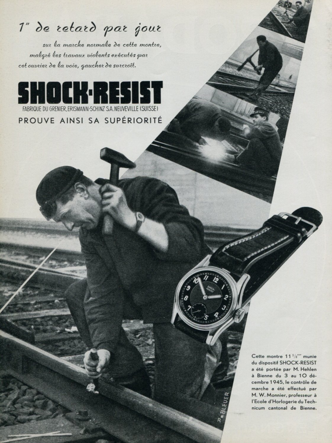 Vintage 1946 Shock-Resist Erismann-Schinz SA Switzerland Swiss Advert Publicite Suisse CH Horlogerie