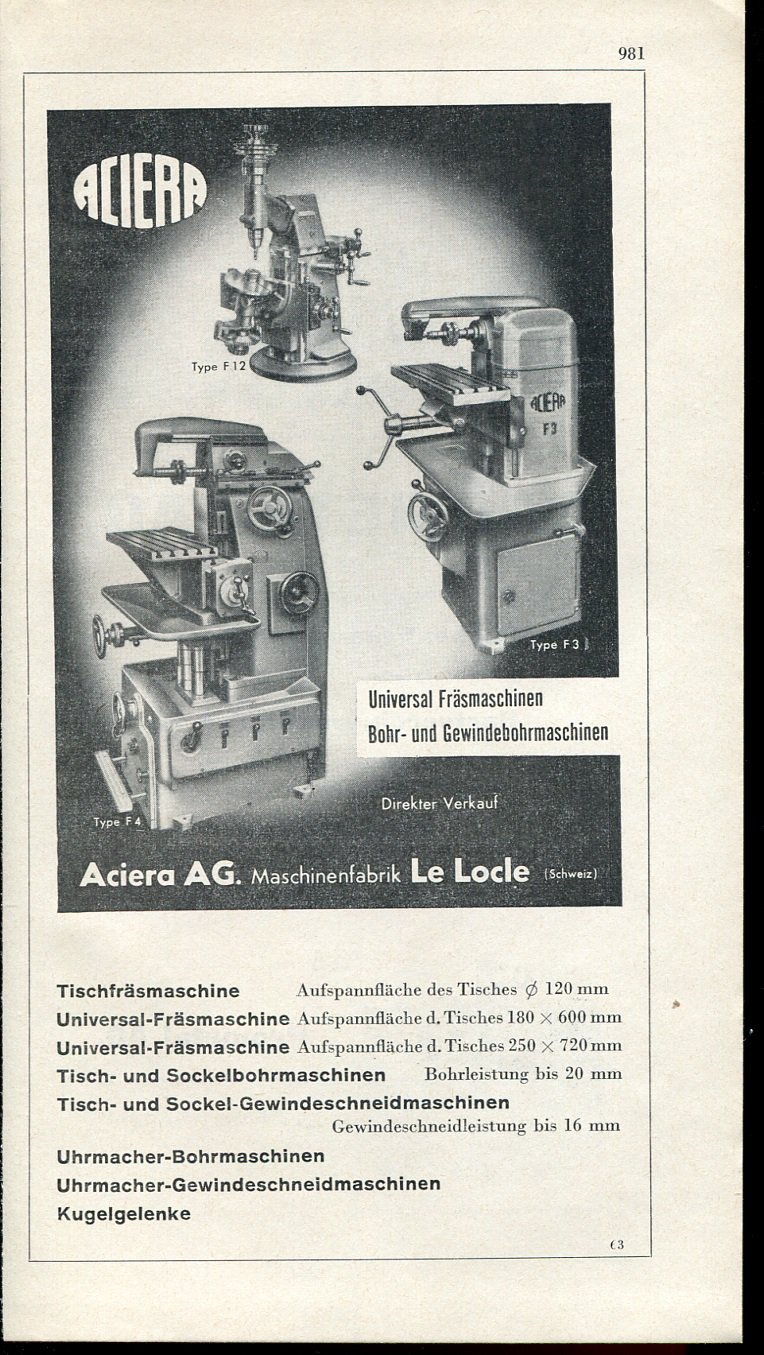 Vintage 1947 Aciera AG Maschinenfabrik Swiss Print Ad Advert Suisse Publicite Schweiz Switzerland