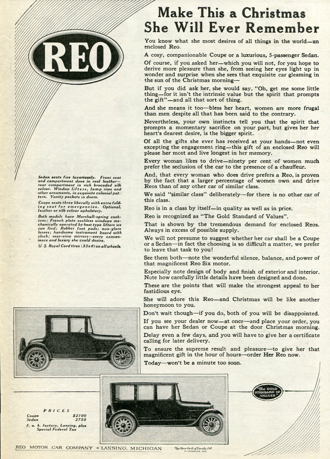 Vintage 1920 REO Motor Car Company Lansing Michigan MI Christmas Advert Publicite
