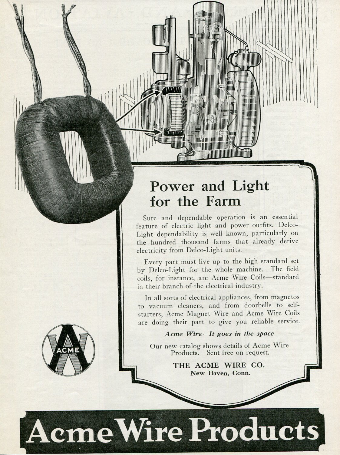 Vintage 1920 Acme Wire Co New Haven CT Connecticut Delco-Light Ad Publicite Advert