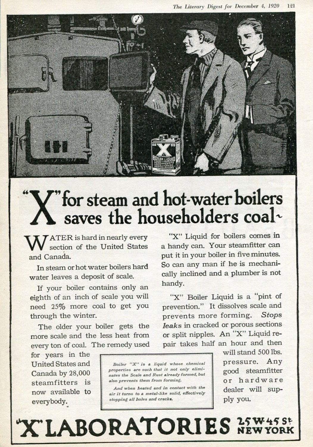Vintage 1920 "X" Boiler Liquid X Laboratories New York Ad Advert Furnace Repair Plumbling Heating