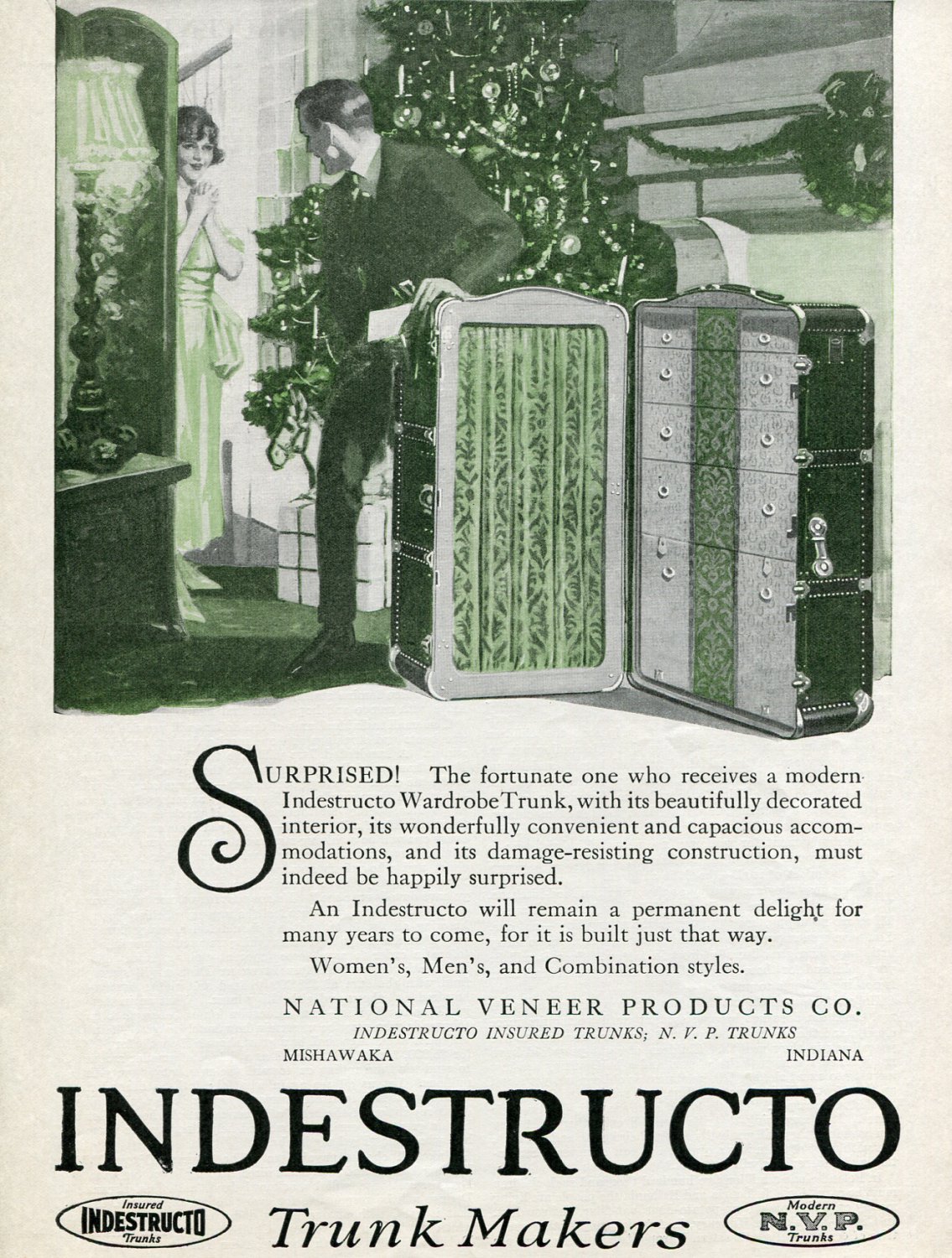 Vintage 1920 Christmas Ad Indestructo Trunk Makers National Veneer Products Co Indiana