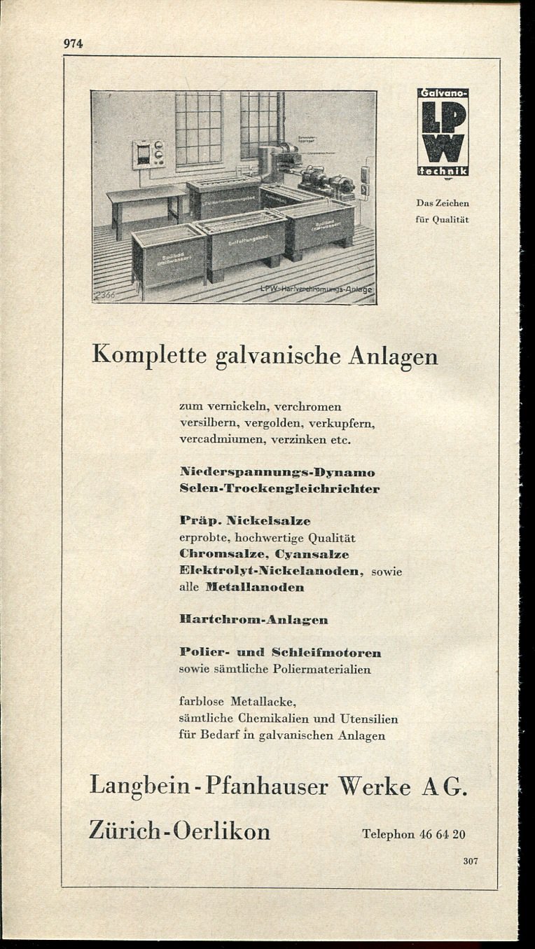 1947 LPW Galvano Technik Langbein Pfanhauser Werke AG Swiss Ad Publicite Schweiz Switzerland CH