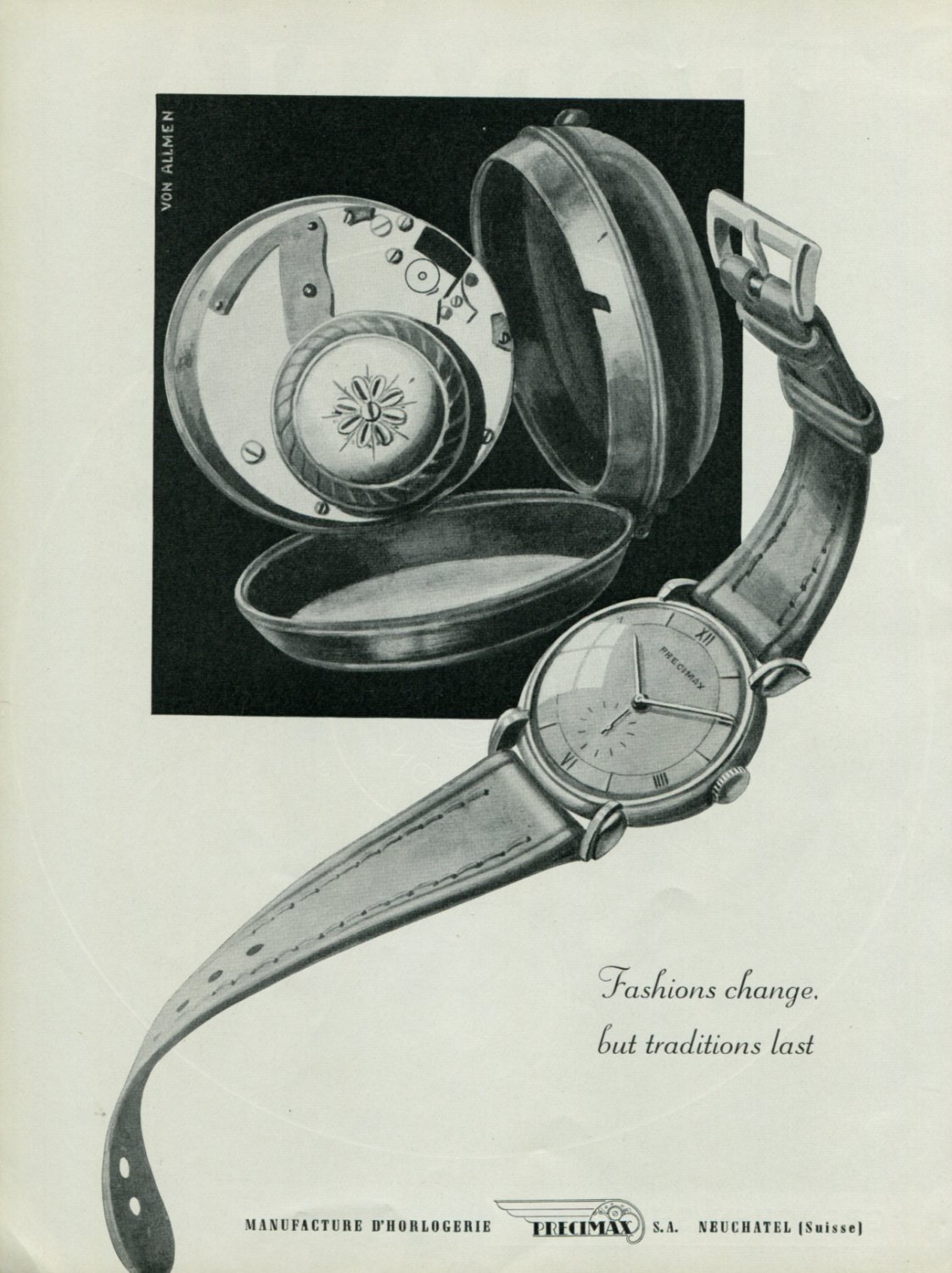 Vintage 1948 Precimax Watch Co Switzerland Swiss Advert Publicite Suisse Montres Precimax CH