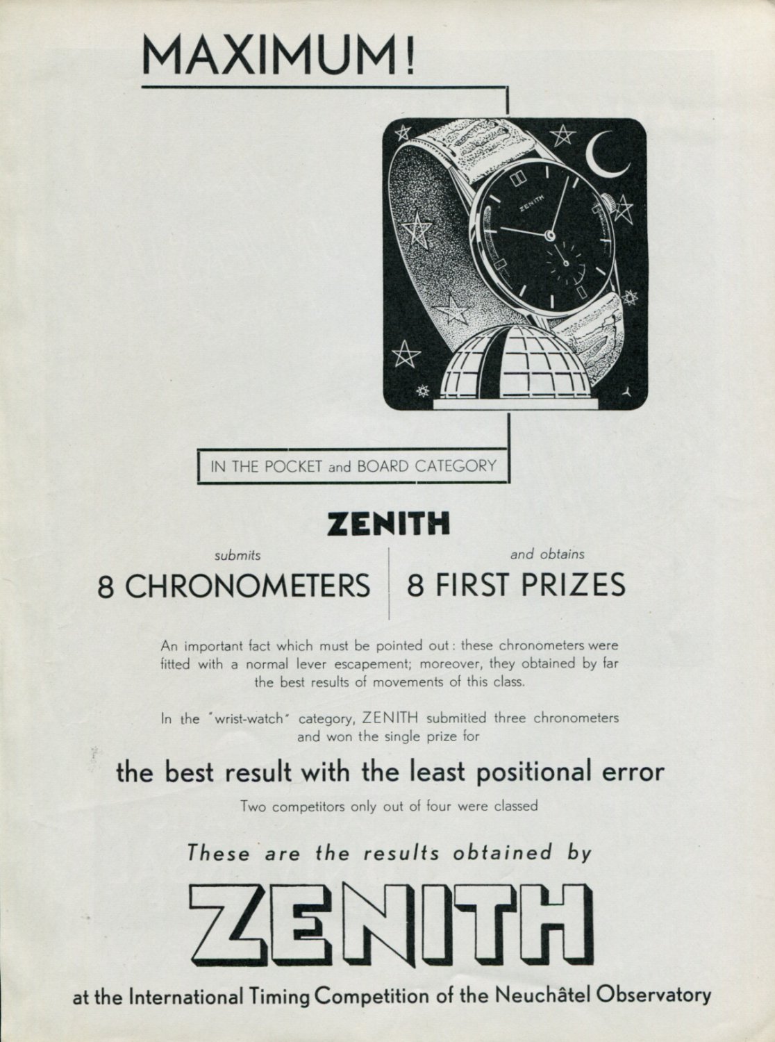 Vintage 1948 Zenith Watch Co Switzerland Swiss Advert Publicite Suisse Montres Zenith CH