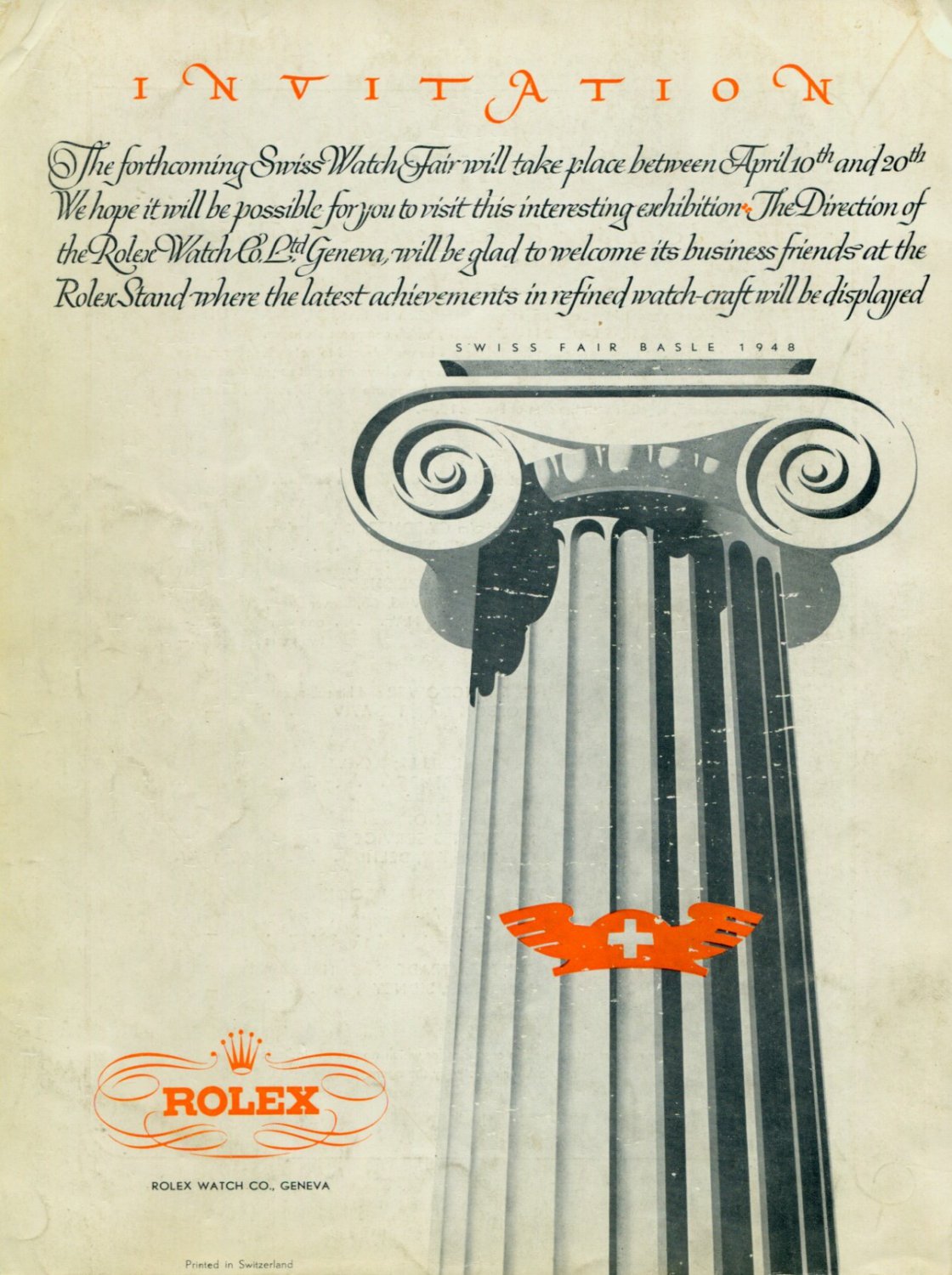 1948 Rolex Watch Company Swiss Watch Fair Invitation Vintage 1940s Swiss Print Ad Rolex CH