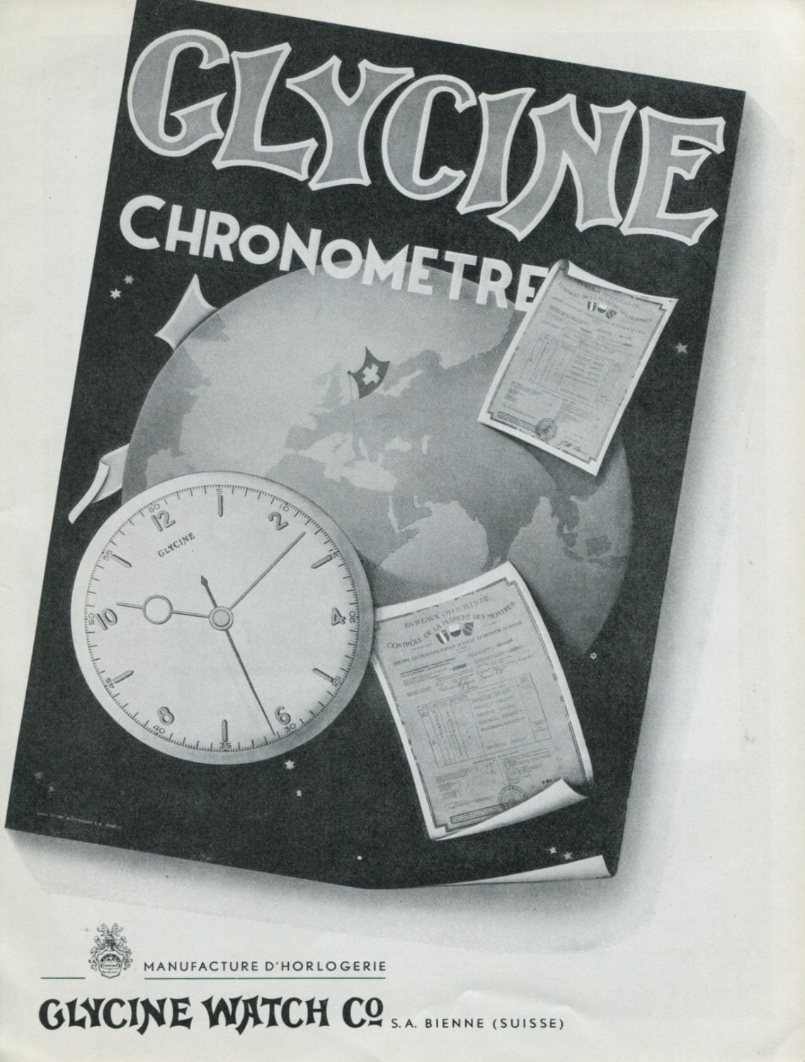 Vintage 1948 Glycine Watch Co Switzerland Swiss Advert Publicite Suisse Montres Glycine CH