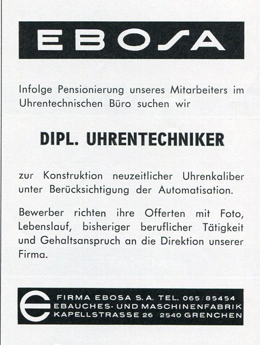 1969 Ebosa SA Switzerland Employment Advertisement Swiss Advert