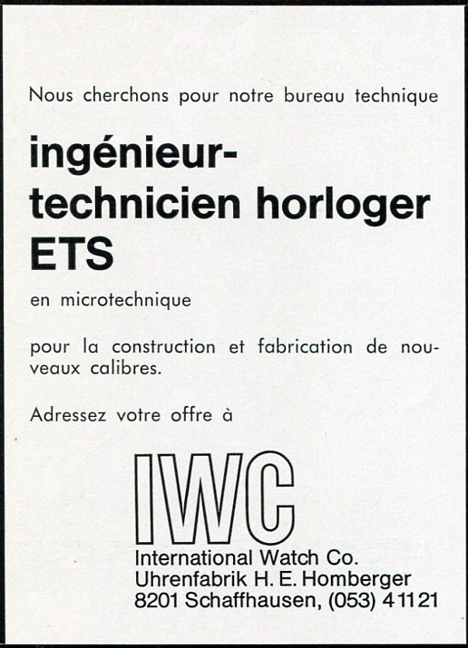 1969 IWC International Watch Company Employment Advertisement Swiss Advert
