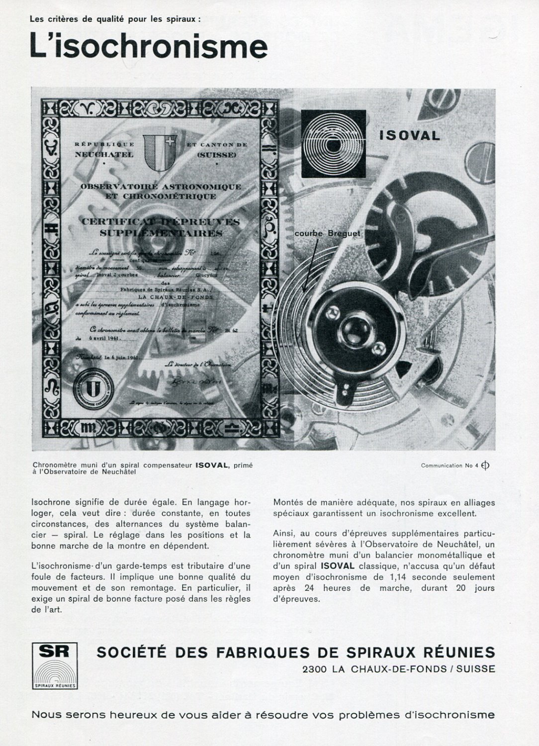 1969 Societe des Fabriques de Spiraux Reunies L'Isochronisme Swiss Advert Suisse