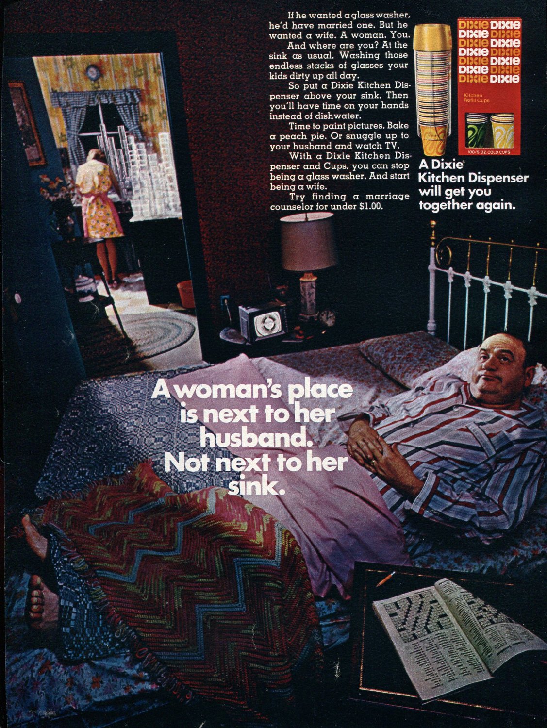 1970 Dixie Cups A Woman's Place is Next to Her Husband Not Next to Her Sink Ad Advert