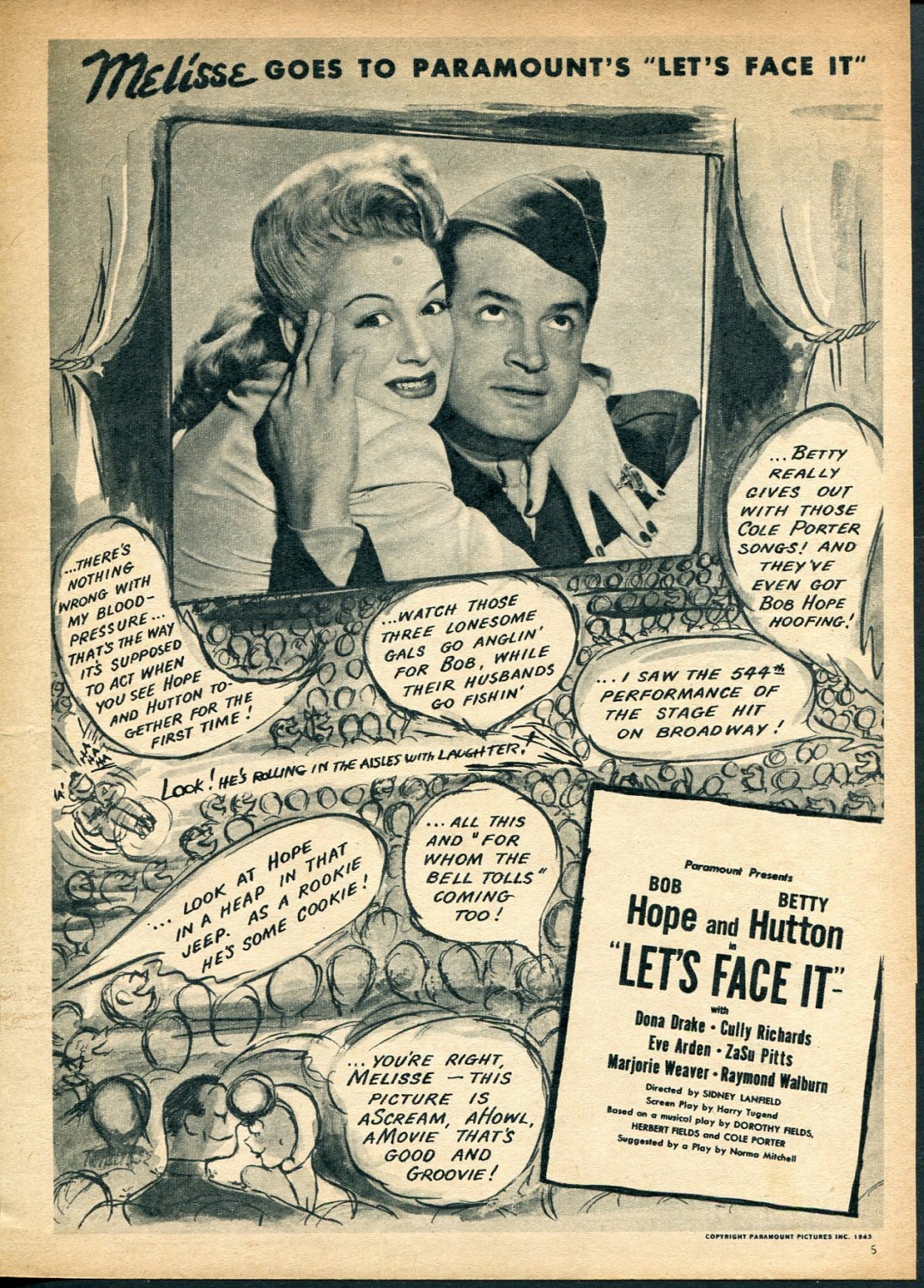 1943 Advert Bob Hope Betty Hutton Let's Face It Melisse Goes to Paramount Ad Magazine Advertisement