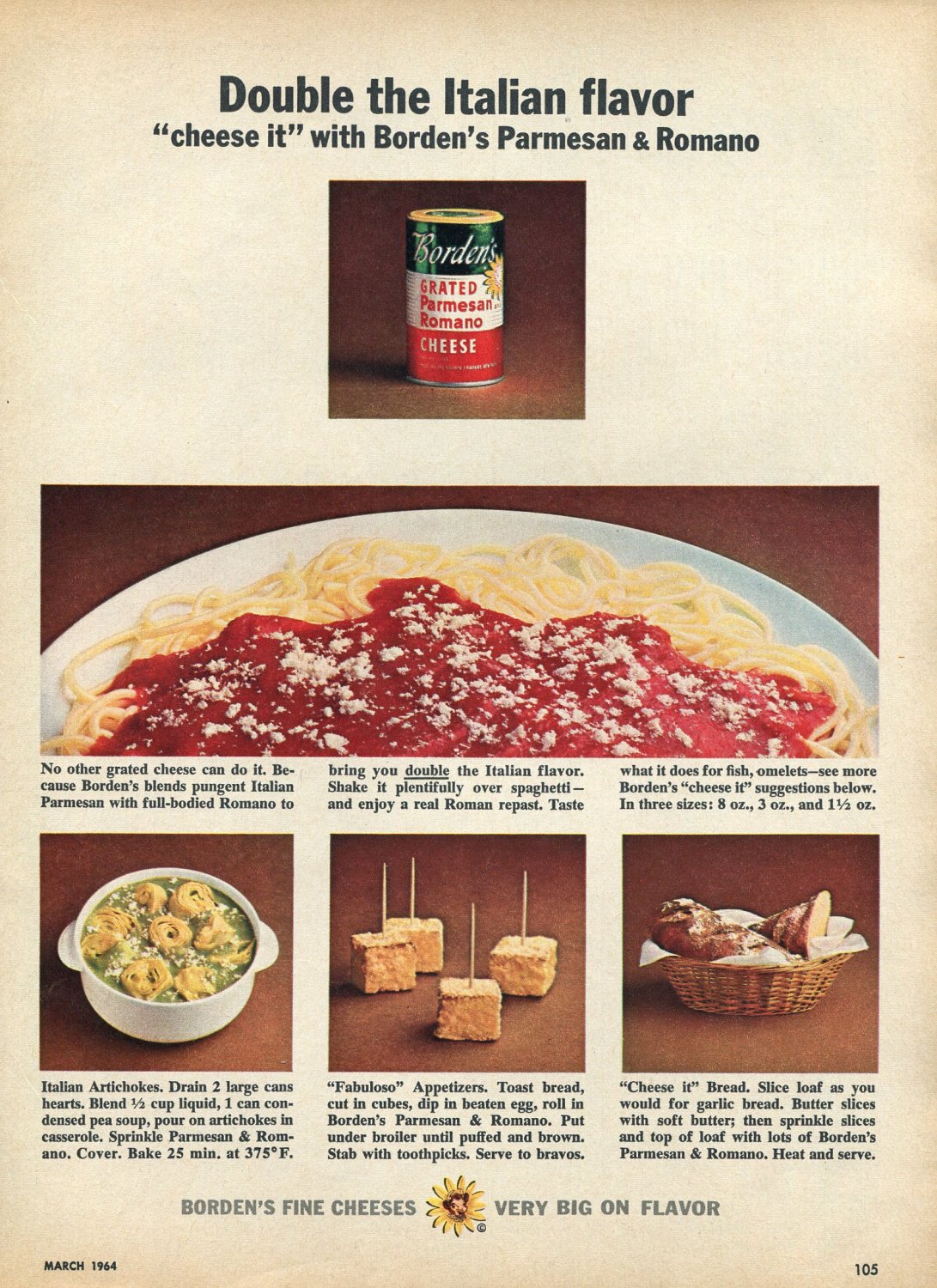 1964 Borden's Cheese Ad Double the Italian Flavor with Bordens Parmesan & Romano