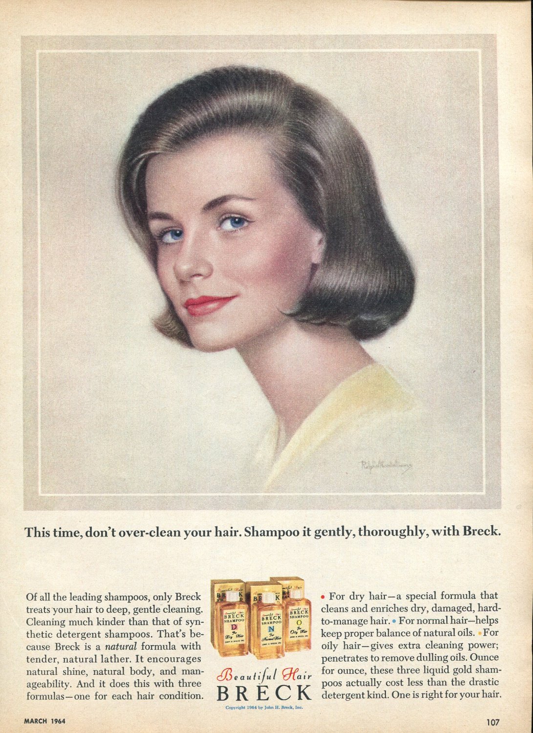 1964 Breck Shampoo This Time Don't Overclean Your Hair Shampoo It Gently Advert