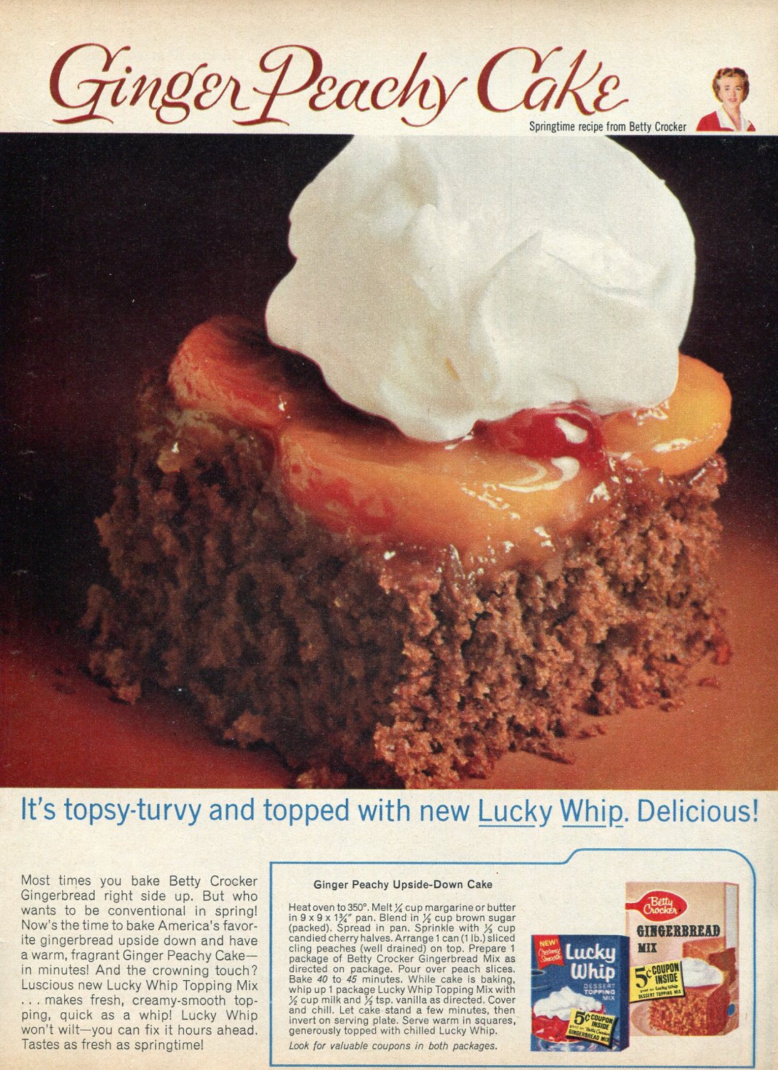 1964 Lucky Whip Dessert Topping Mix Betty Crocker Ginger Peachy Cake Ad