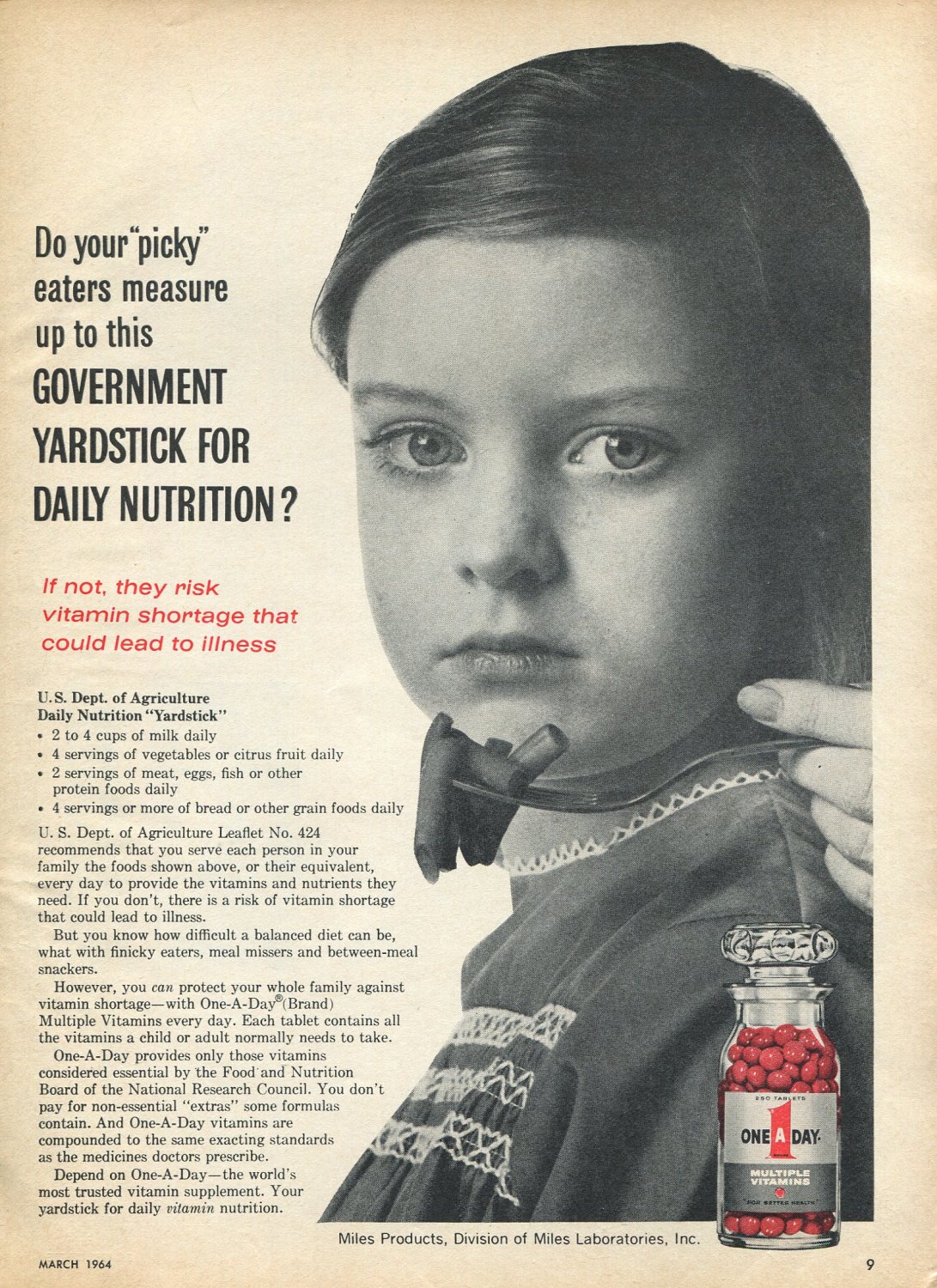 1964 One A Day Vitamins Picky Eaters Government Yardstick for Daily Nutrition Ad