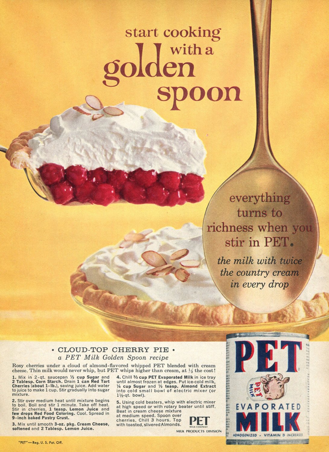 1964 PET Evaporated Milk Cloud Top Cherry Pie Golden Spoon Recipe 1960s