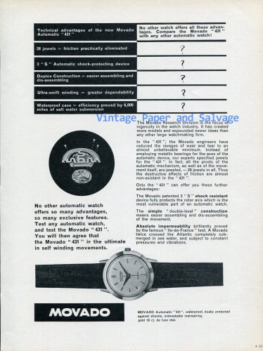 1956 Movado Automatic 431 Watch Advert Vintage 1950s Swiss