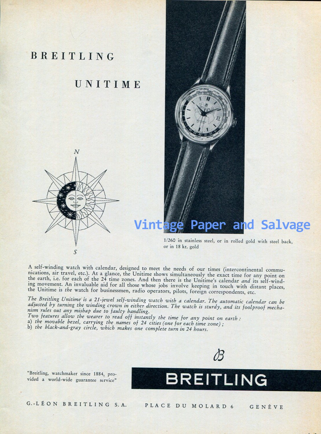 Vintage 1956 Breitling Unitime Watch Advert Swiss Ad Publicite Suisse G Leon Breitling SA