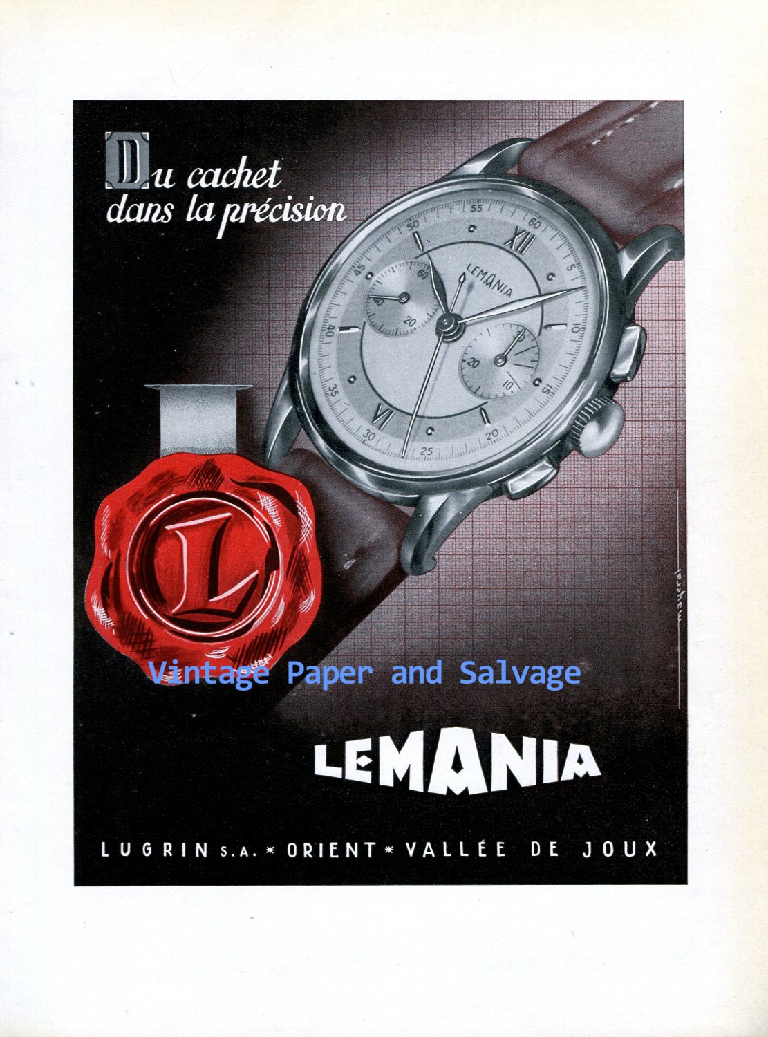 Vintage 1945 Lugrin SA Lemania Watch Company Switzerland 1940s Swiss Ad Advert Suisse