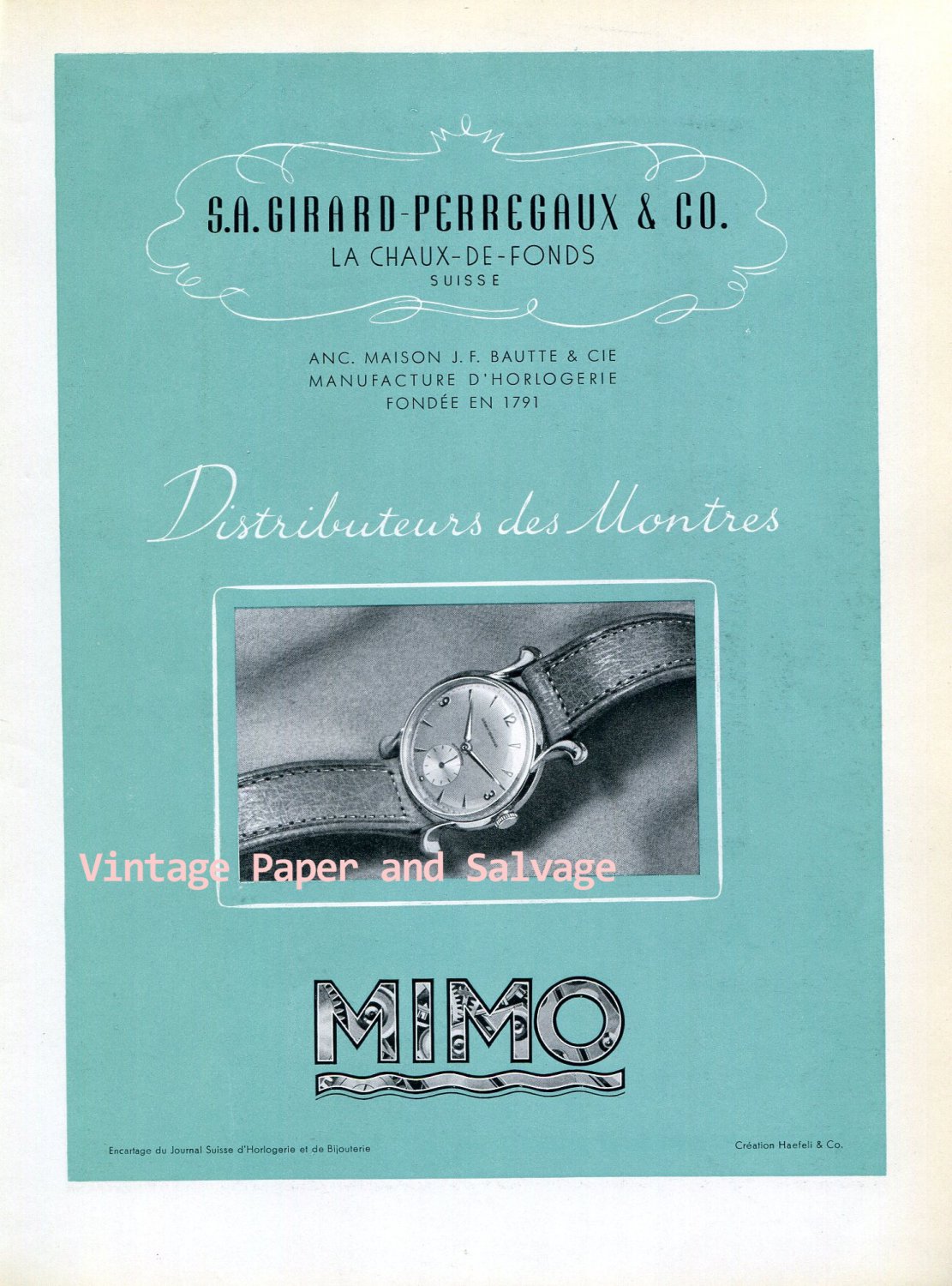 1945 Mimo Girard-Perregaux & Co Watch Company Switzerland 1940s Swiss Ad Advert Suisse Suiza
