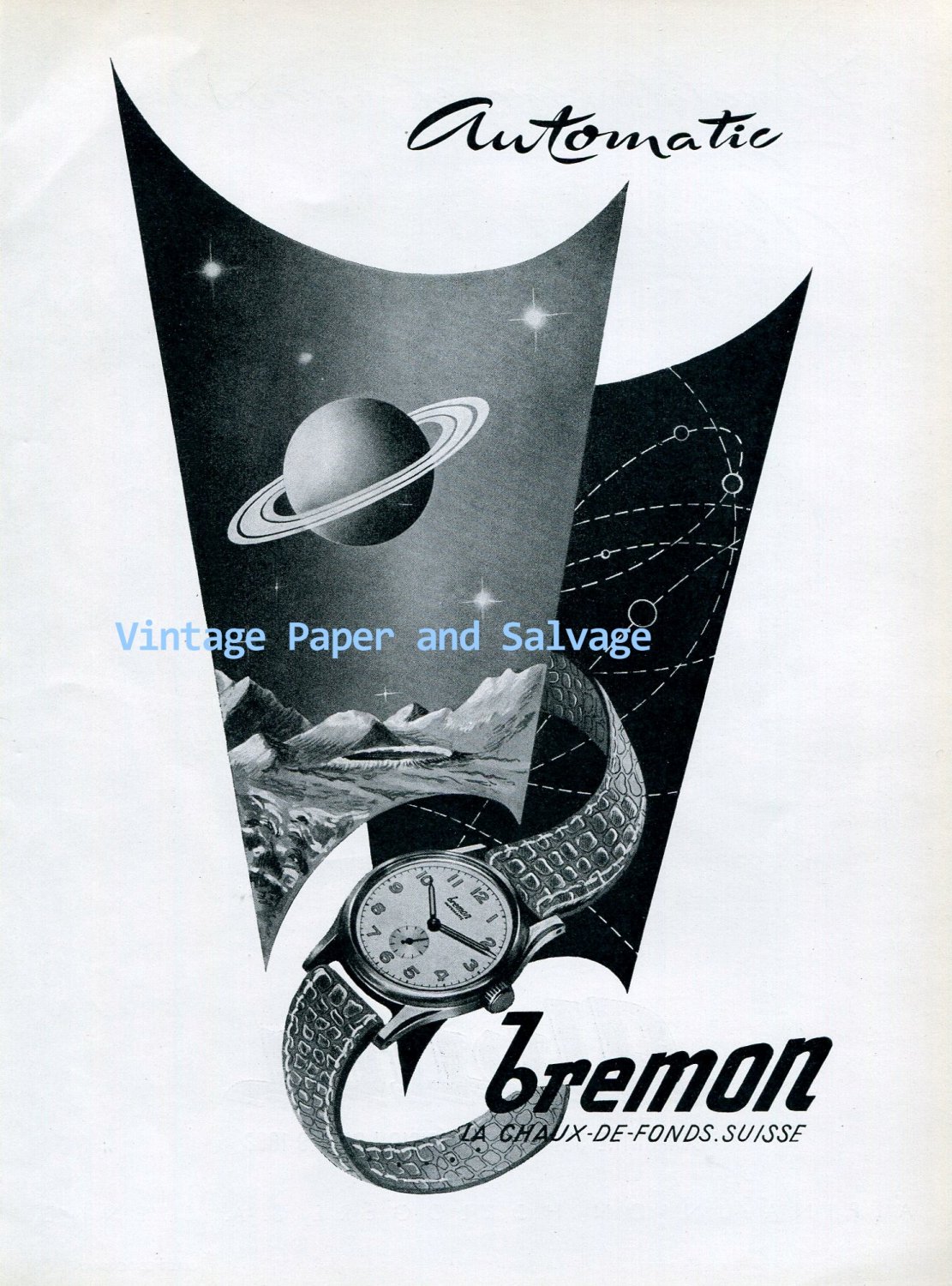 Vintage 1945 Bremon Automatic Watch Advert 1940s Swiss Ad Suisse Switzerland Schweiz