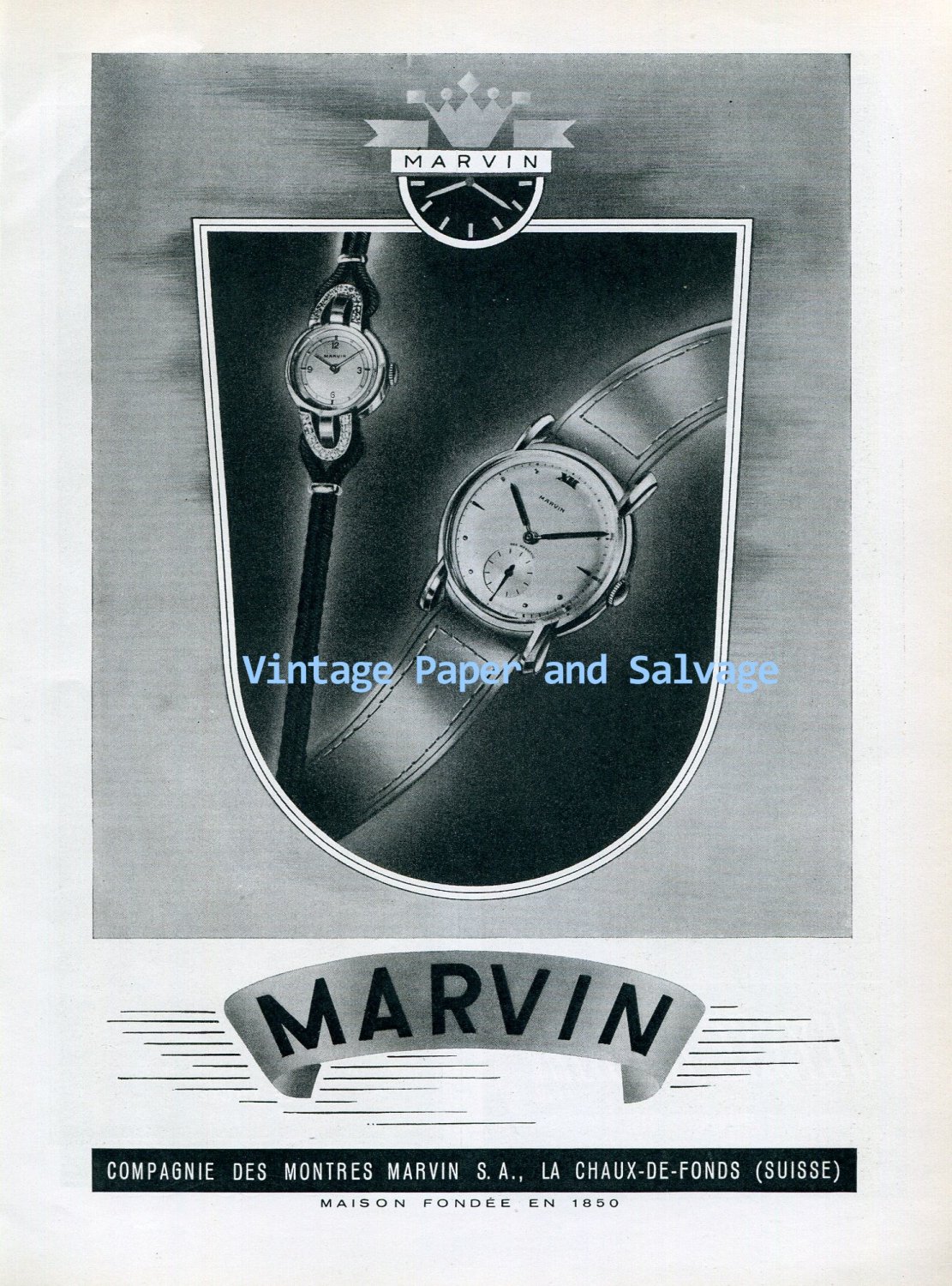 Vintage 1945 Marvin Watch Company Switzerland 1940s Swiss Ad Advert Publicite Suisse