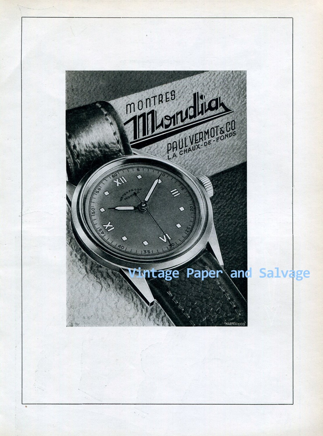Vintage 1945 Mondia Paul Vermot & Co Watch Company Switzerland 1940s Swiss Ad Publicite Suisse