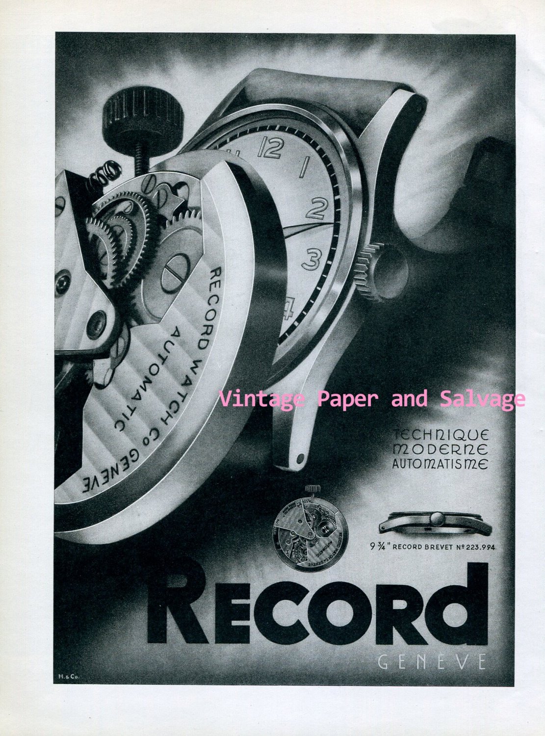 Vintage 1945 Record Watch Company Geneve Switzerland 1940s Swiss Print Ad Publicite Suisse