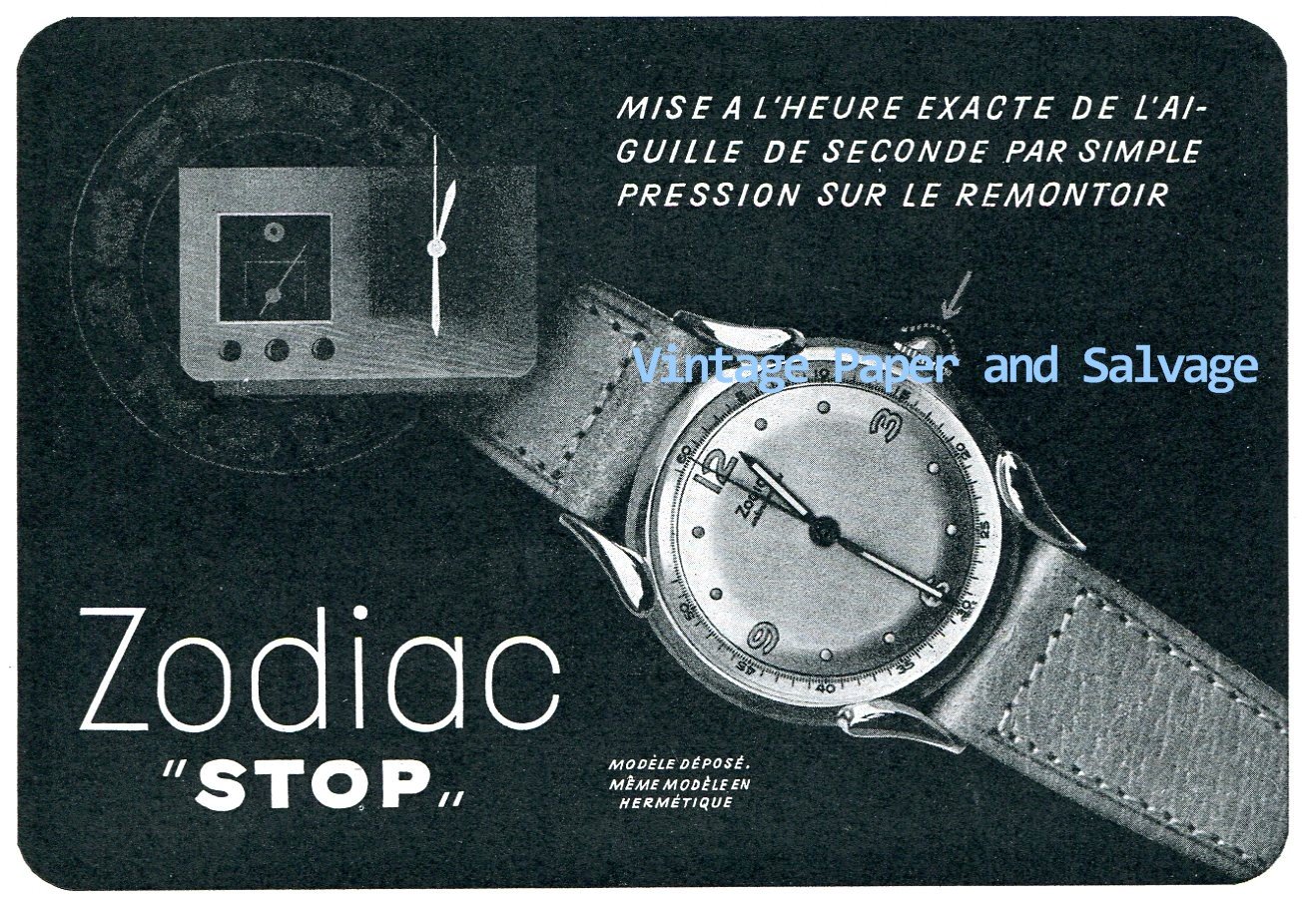 Vintage 1945 Zodiac "Stop" Watch Advert 1940s Swiss Print Ad Publicite Suisse Switzerland