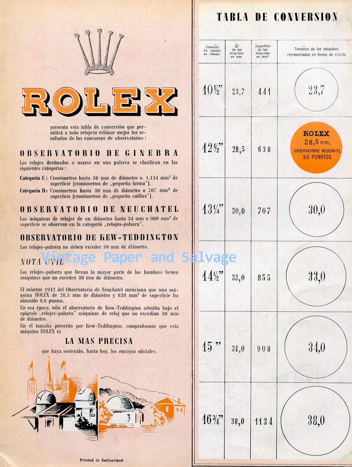 1945 Rolex Watch Company Switzerland Observatory Vintage 1940s Swiss Print Ad Montres Rolex SA