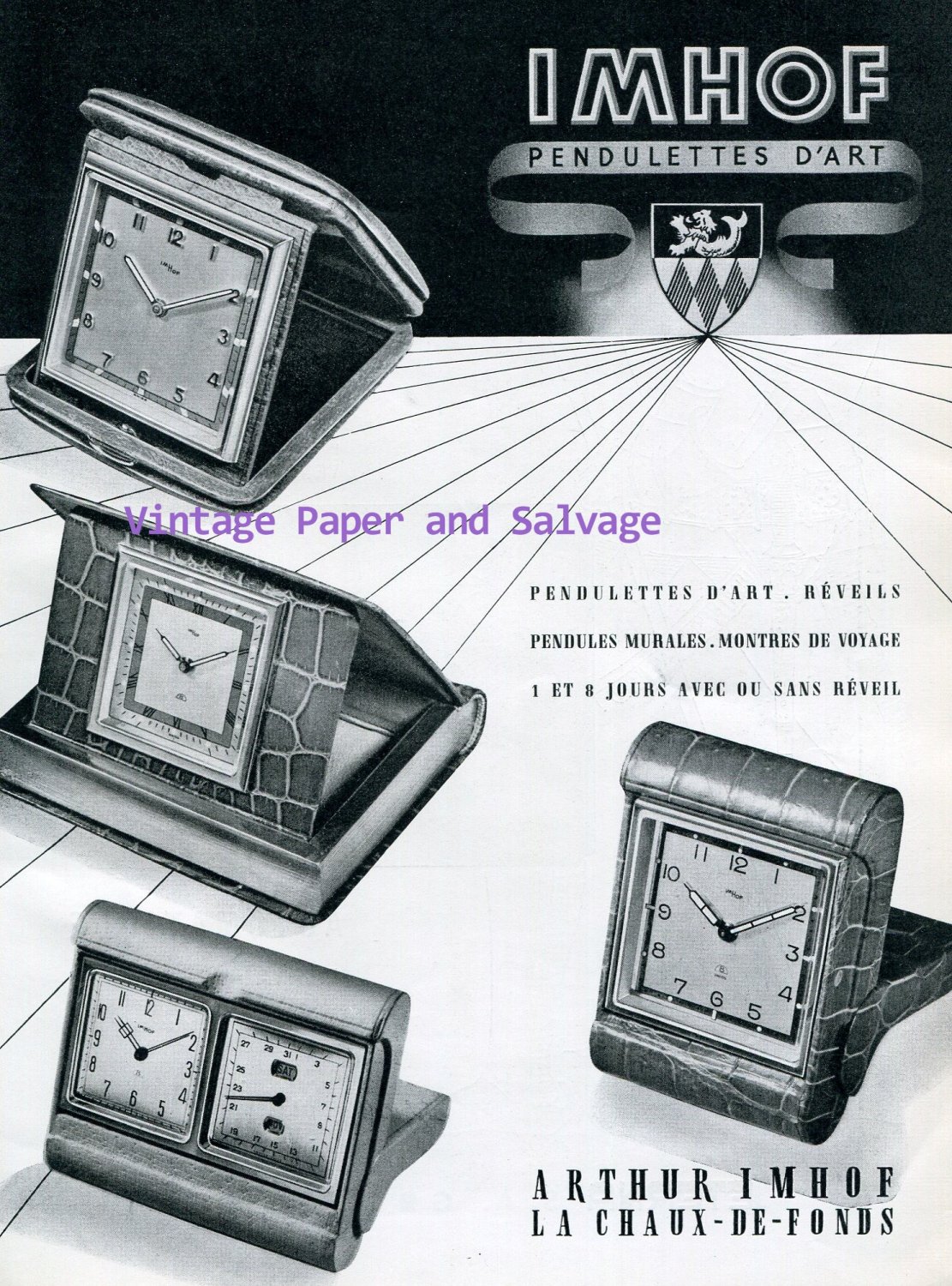Vintage 1945 Arthur Imhof Pendulettes d'Art Clock Company 1940s Swiss Ad Advert Publicite Suisse