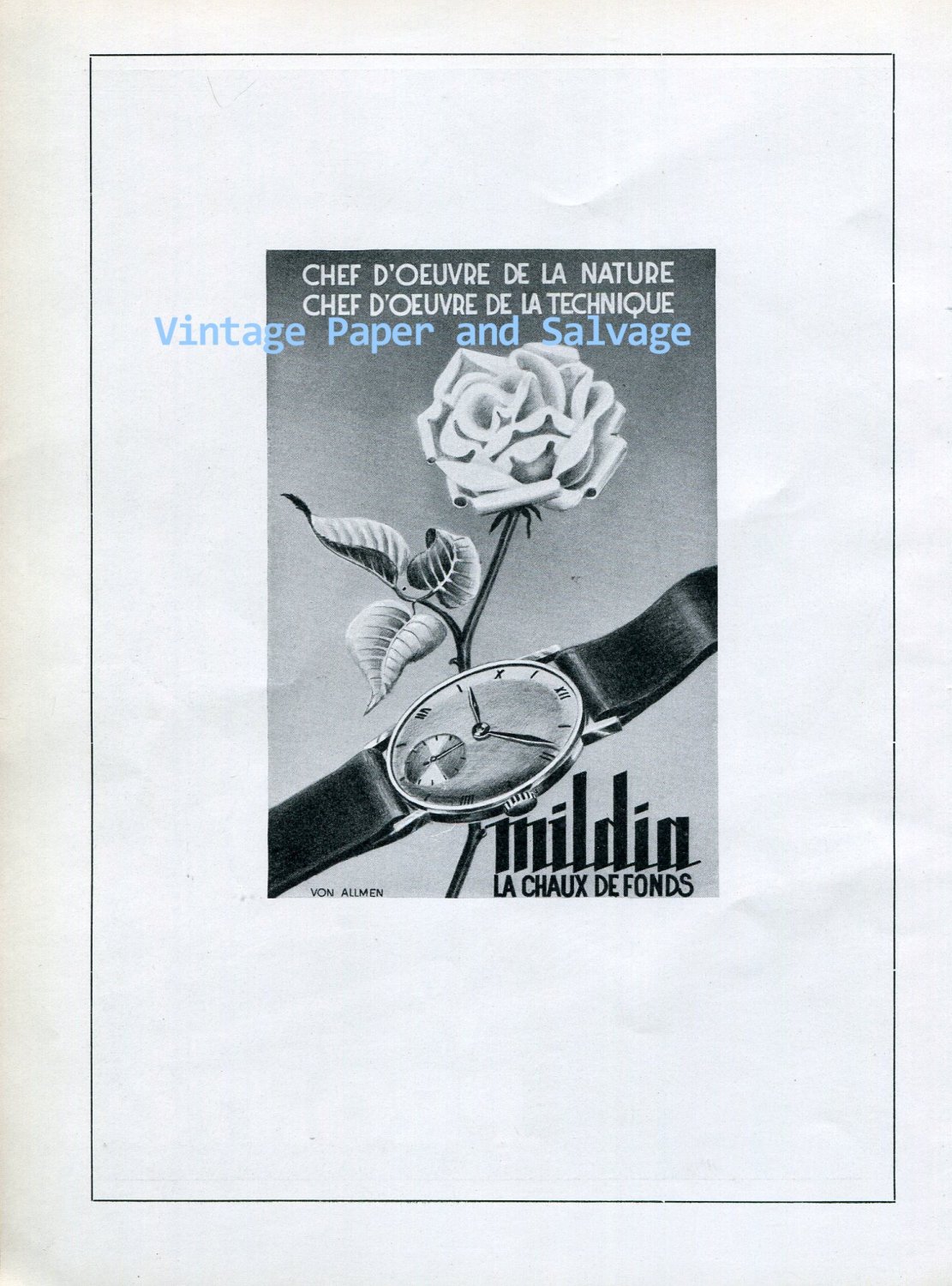 Vintage 1945 Mildia Watch Co La Chaux-de-Fonds Switzerland 1940s Swiss Print Ad Suisse Schweiz