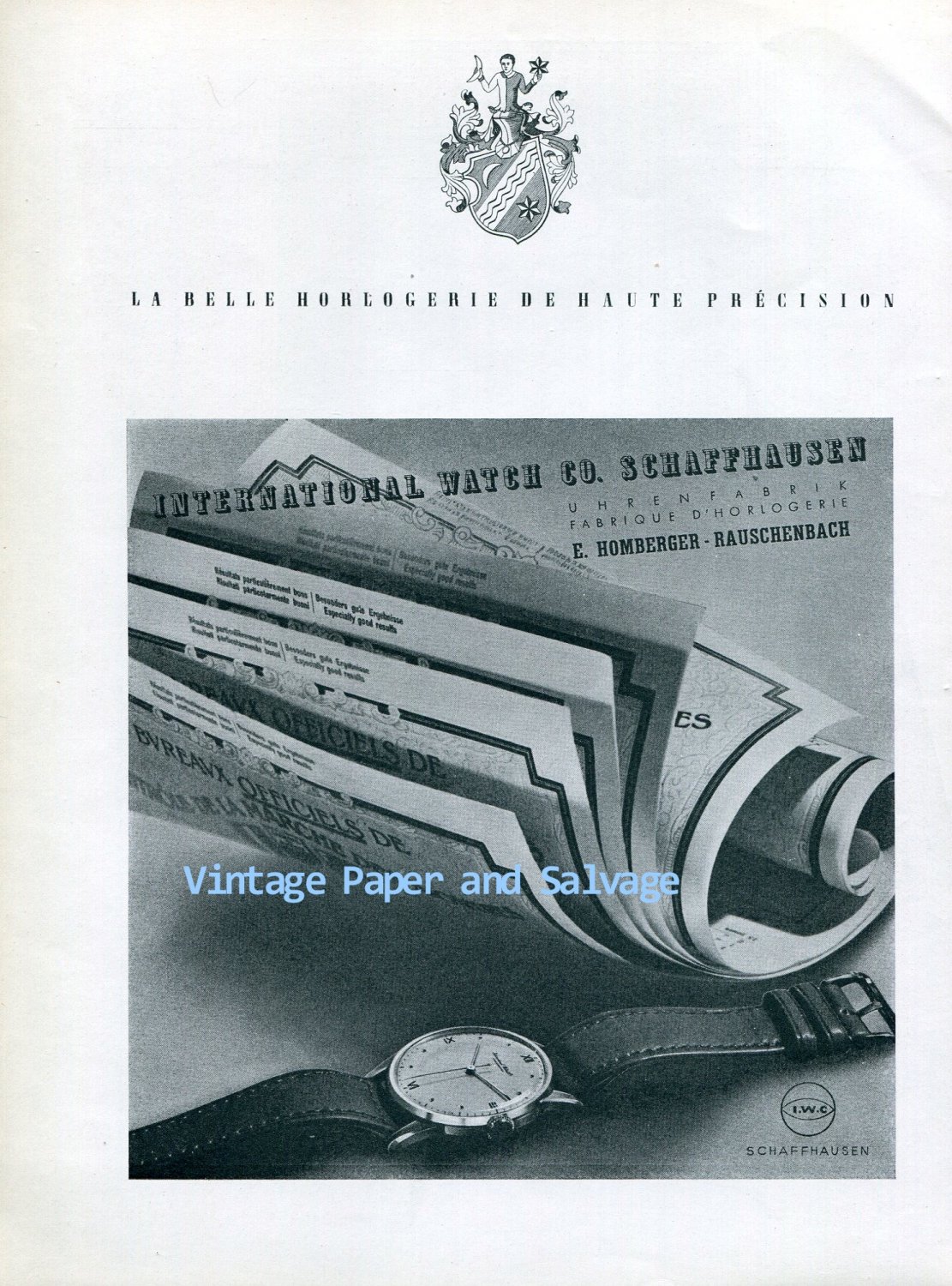 Vintage 1945 IWC International Watch Company Switzerland 1940s Swiss Ad Suisse E Homberger