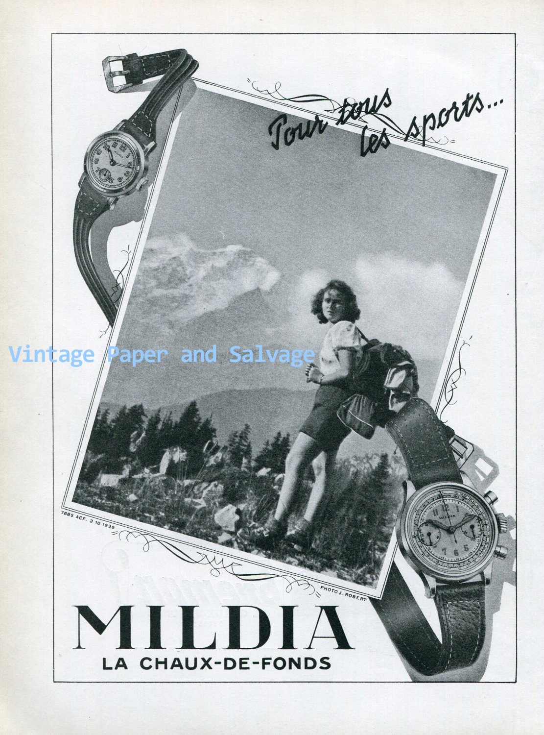 Vintage 1945 Mildia Watch Company La Chaux-de-Fonds Switzerland 1940s Swiss Print Ad Suisse
