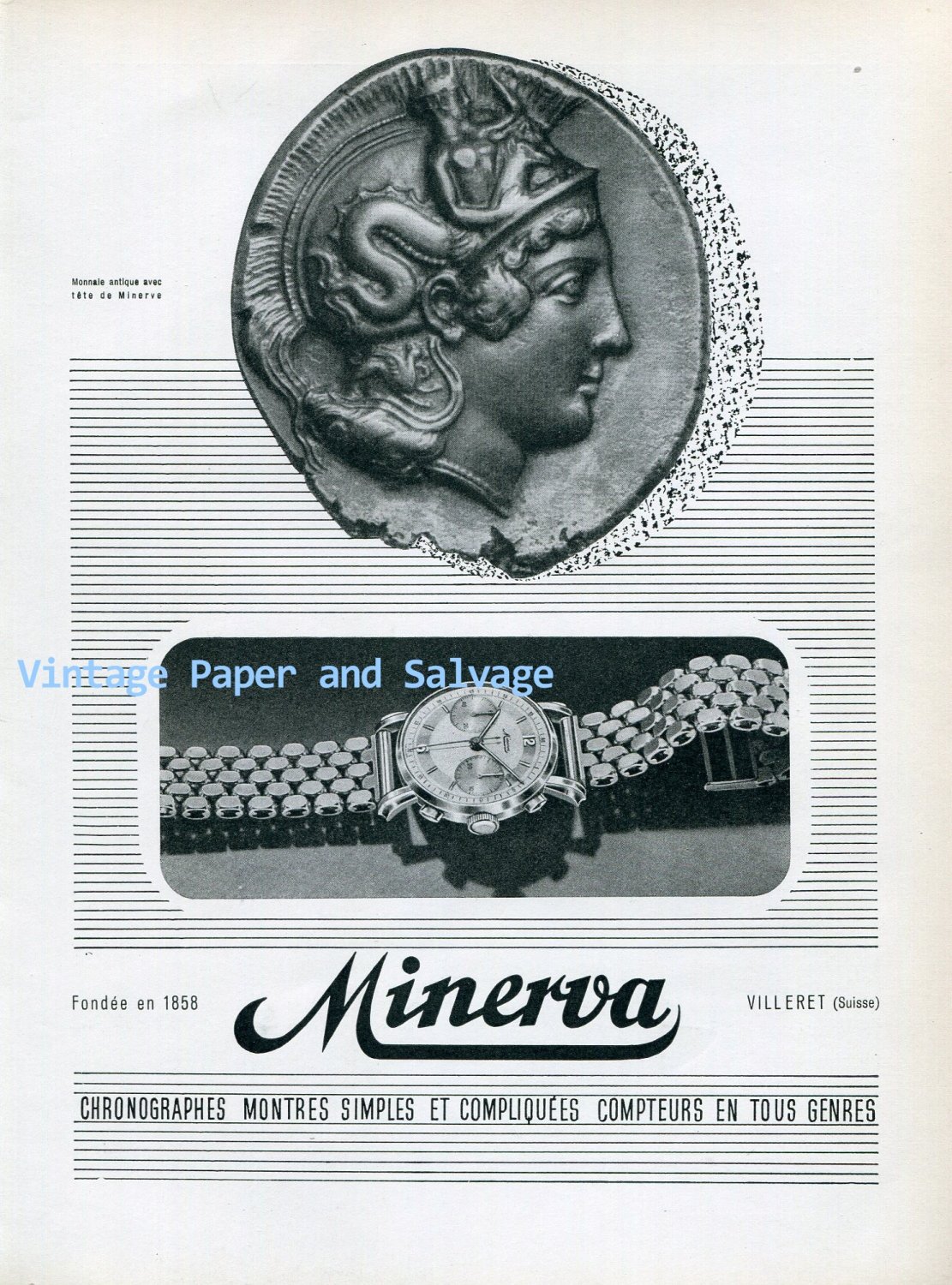 Vintage 1945 Minerva Watch Company Villeret Switzerland 1940s Swiss Ad Advert Suisse
