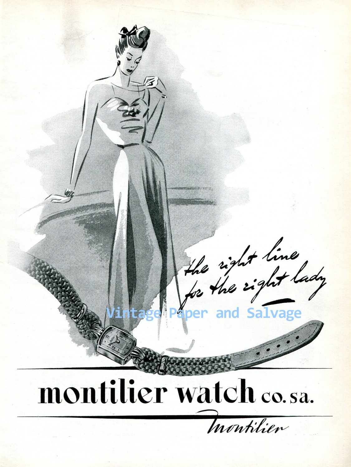 Vintage 1945 Montilier Watch Co. S.A. The Right Line for the Right Lady 1940s Swiss Ad Suisse
